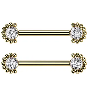 14G Gold PVD Encirc Double CZ Titanium Nipple Ring Barbell