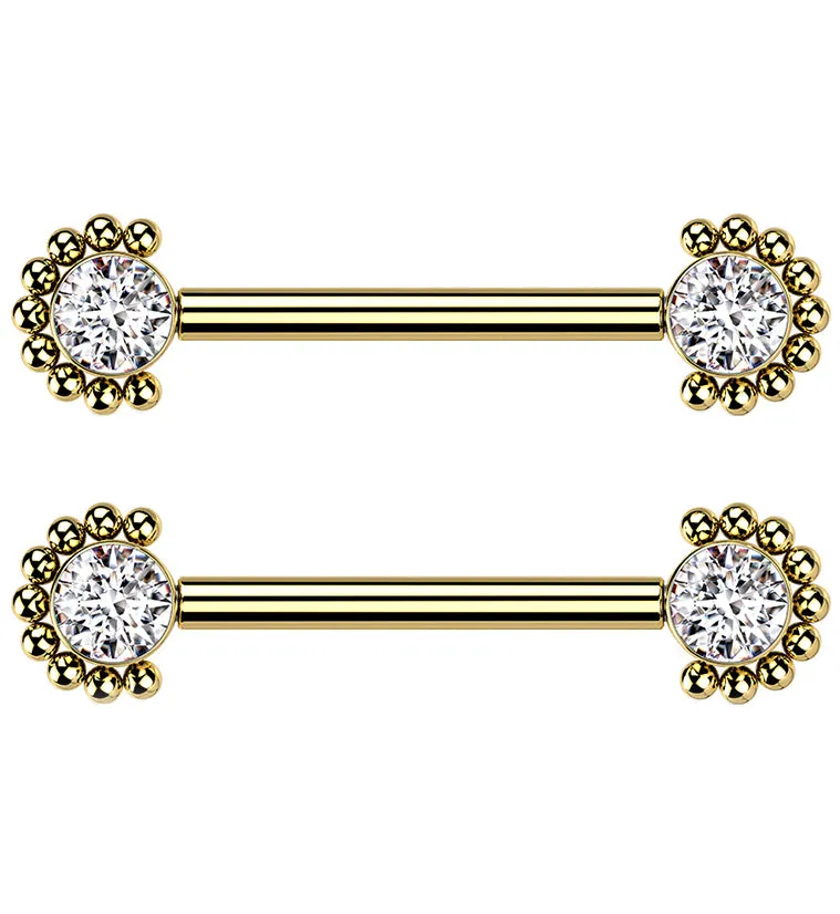 14G Gold PVD Encirc Double CZ Titanium Nipple Ring Barbell