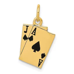 14k Yellow Gold Textured Polished Finish Black Enameled Blackjack Spades Playing Cards Charm Pendant