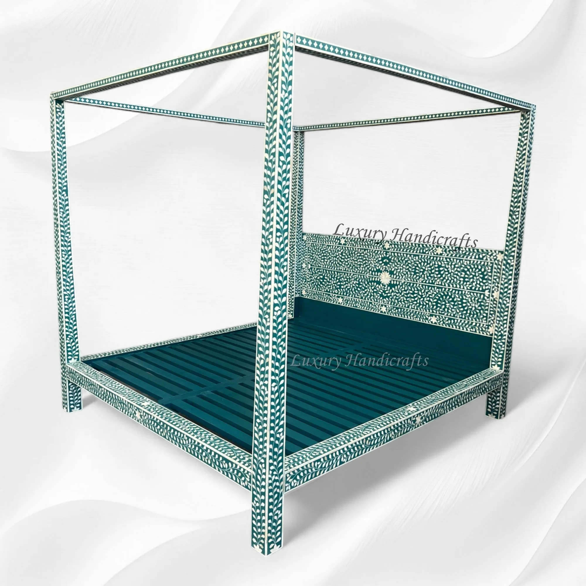 Bone Inlay Four Poster Bed Teal Green Ready