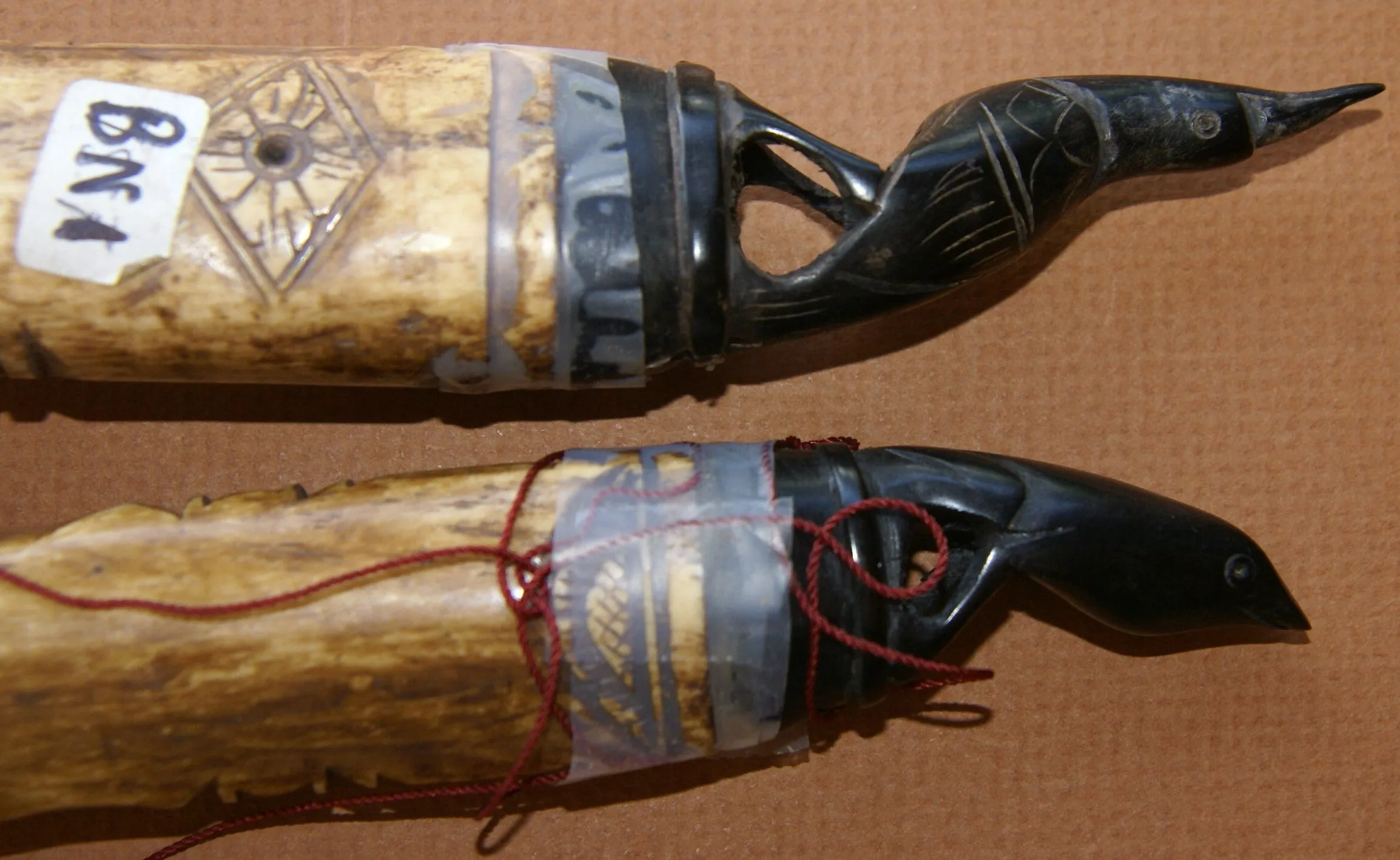 CHOICE BETWEEN 2 Vintage Timor Ethnic Authentic Tribal Lime Containers (used during Betel Habit): Hand Carved Buffalo Bone receptacles with hand etched Scrimshaw motifs, Hand Carved Ebony Wood Lids, Egret & Frog motifs: BN1A & BN1B