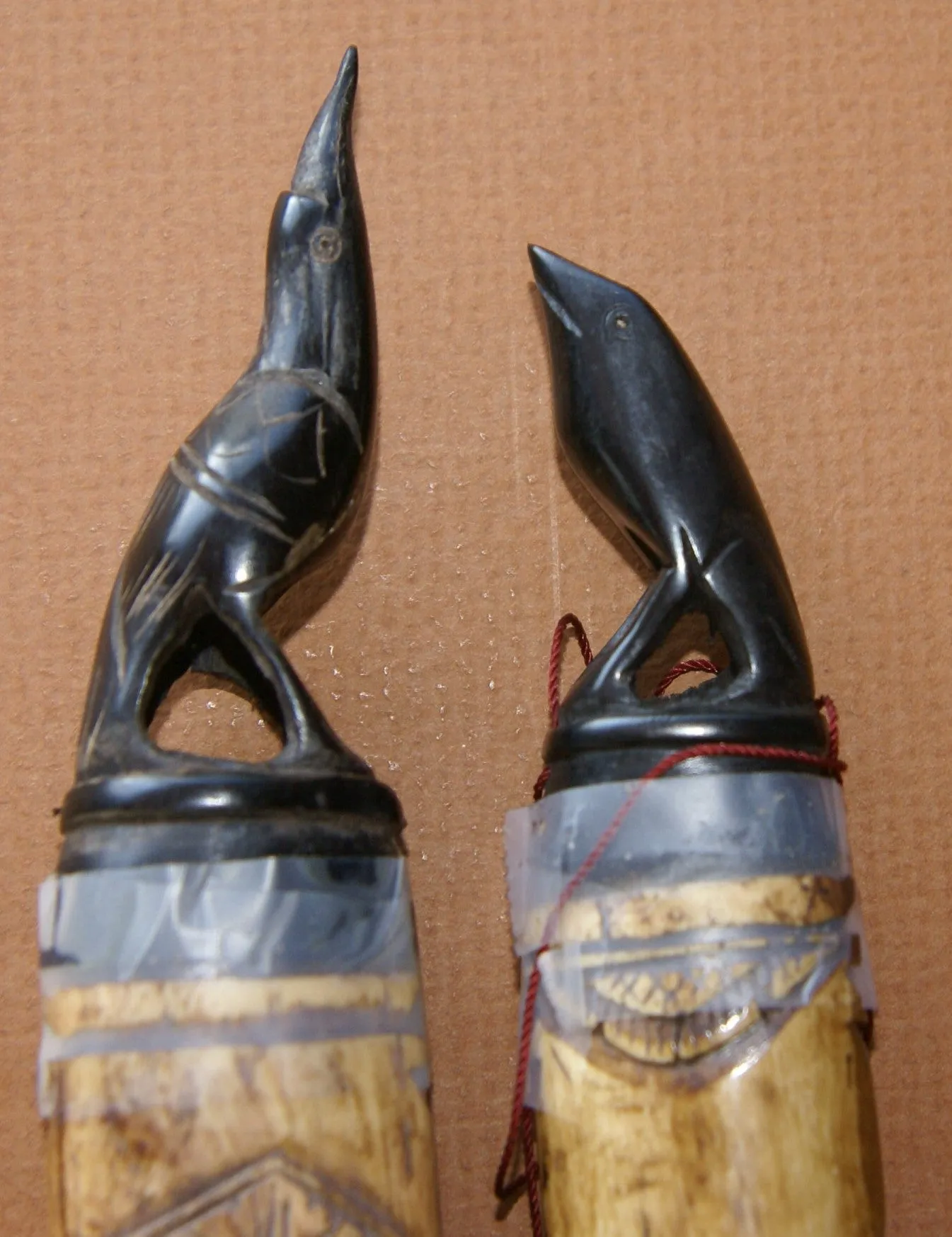 CHOICE BETWEEN 2 Vintage Timor Ethnic Authentic Tribal Lime Containers (used during Betel Habit): Hand Carved Buffalo Bone receptacles with hand etched Scrimshaw motifs, Hand Carved Ebony Wood Lids, Egret & Frog motifs: BN1A & BN1B