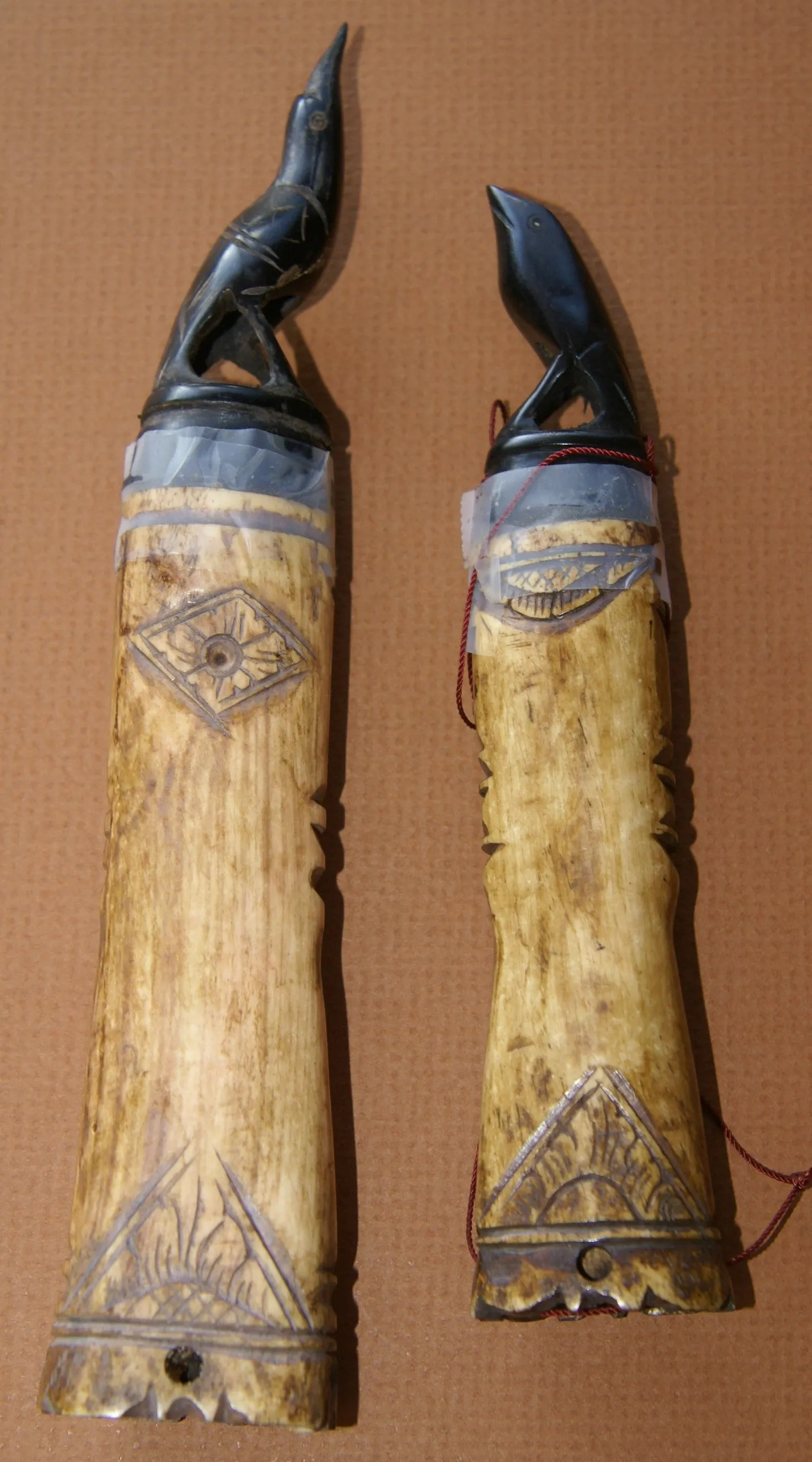 CHOICE BETWEEN 2 Vintage Timor Ethnic Authentic Tribal Lime Containers (used during Betel Habit): Hand Carved Buffalo Bone receptacles with hand etched Scrimshaw motifs, Hand Carved Ebony Wood Lids, Egret & Frog motifs: BN1A & BN1B