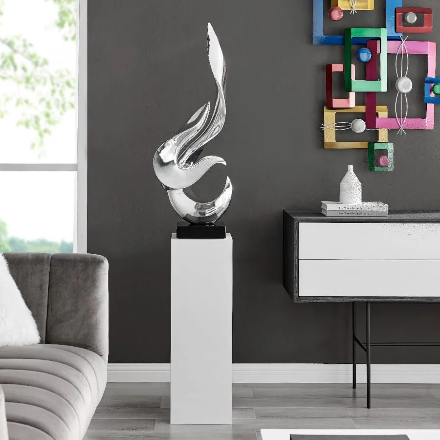 Chrome Flame Floor Sculpture With White Stand, 44" Tall