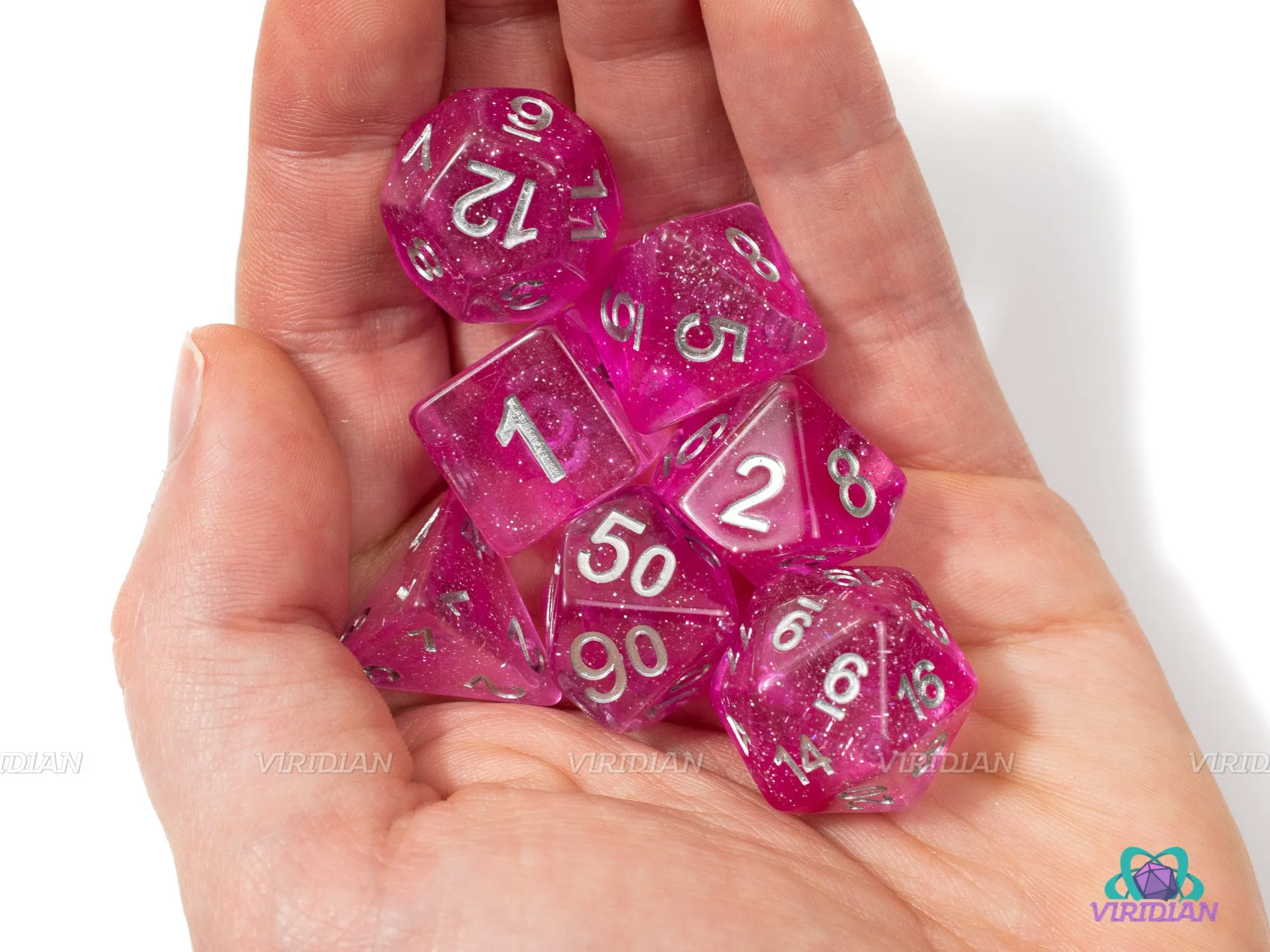 Death by Glamour | Pink, Pink & Pink Glitter Acrylic Dice Set (7) | Dungeons and Dragons (DnD)