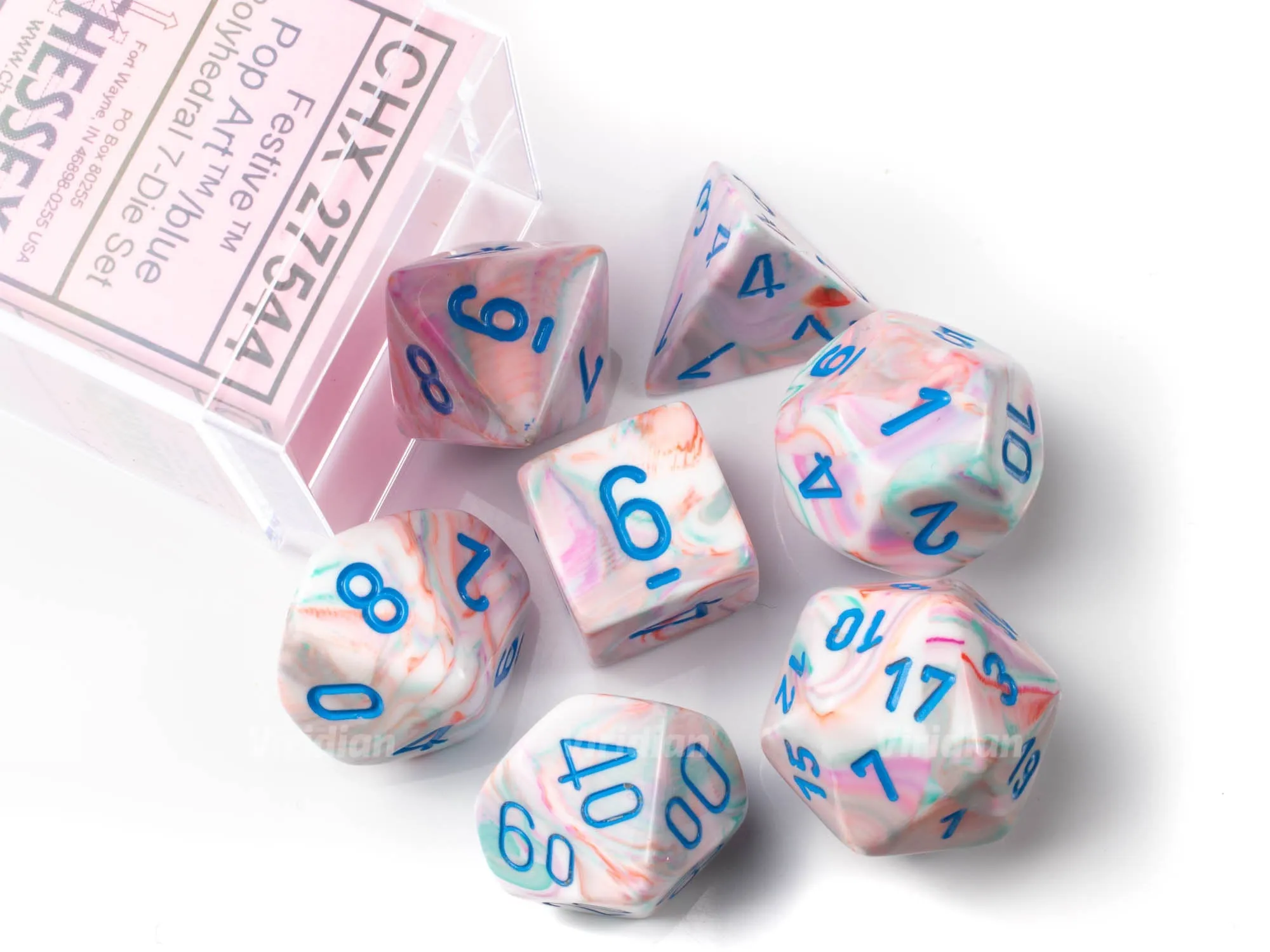 Festive Pop Art | Pastels, Pink, White, Green, Blue | Chessex Dice Set (7)