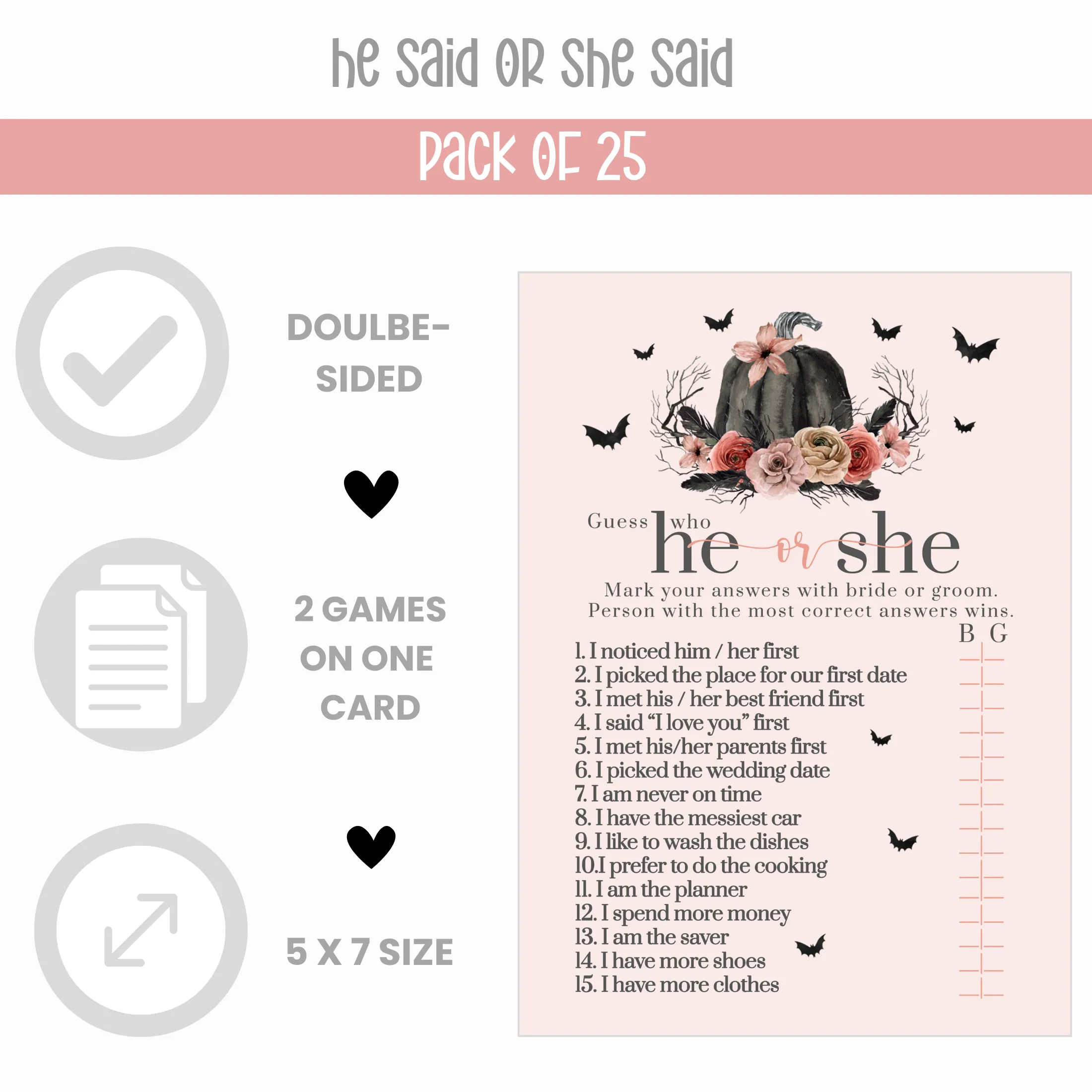 Gothic Glamour Bridal Shower Games | He or She Said & Bride Best | Halloween Fun | 25 Guests