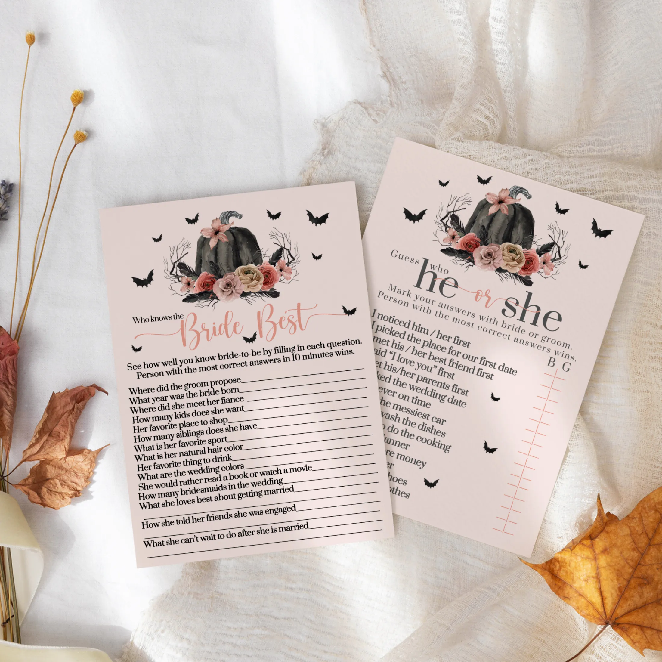 Gothic Glamour Bridal Shower Games | He or She Said & Bride Best | Halloween Fun | 25 Guests