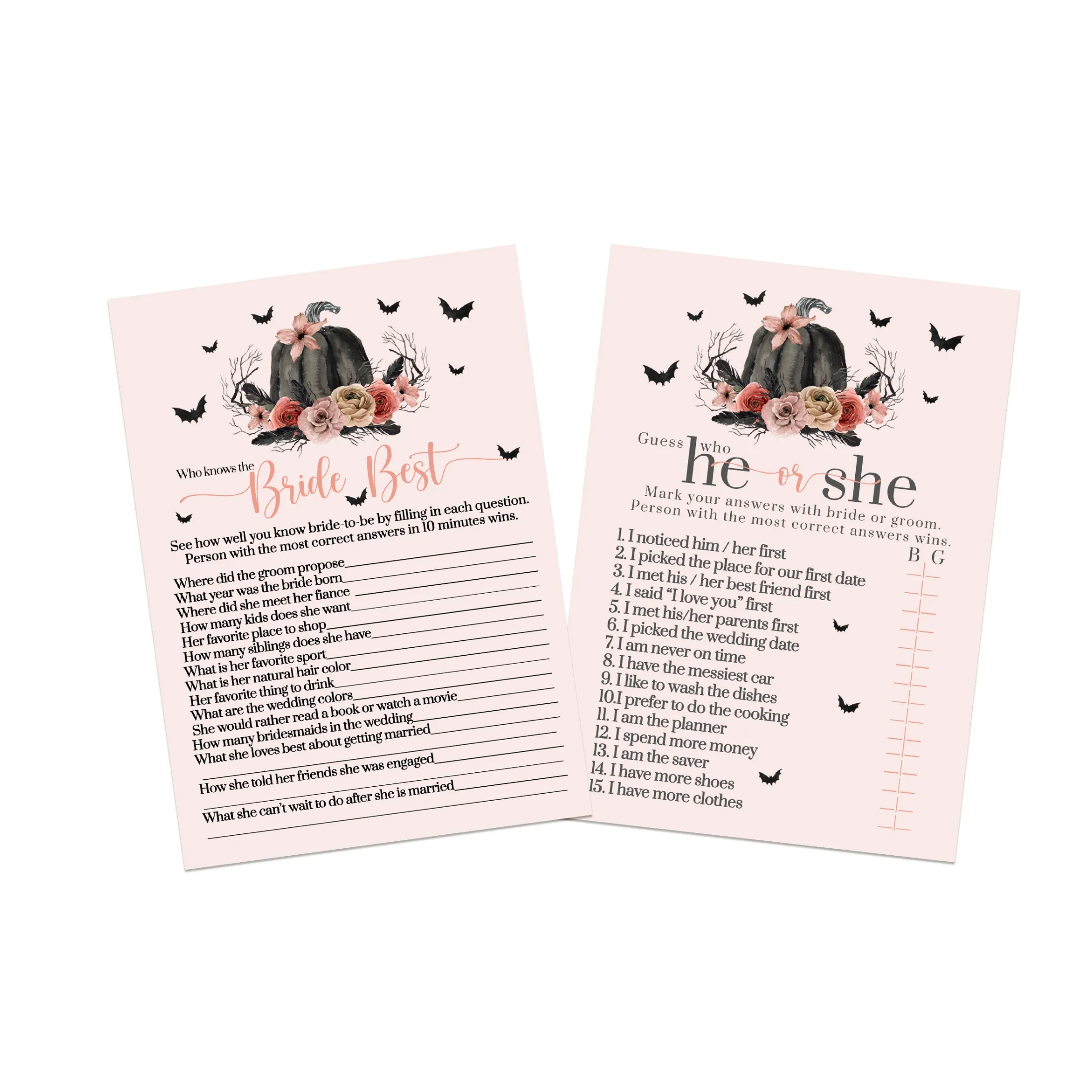 Gothic Glamour Bridal Shower Games | He or She Said & Bride Best | Halloween Fun | 25 Guests