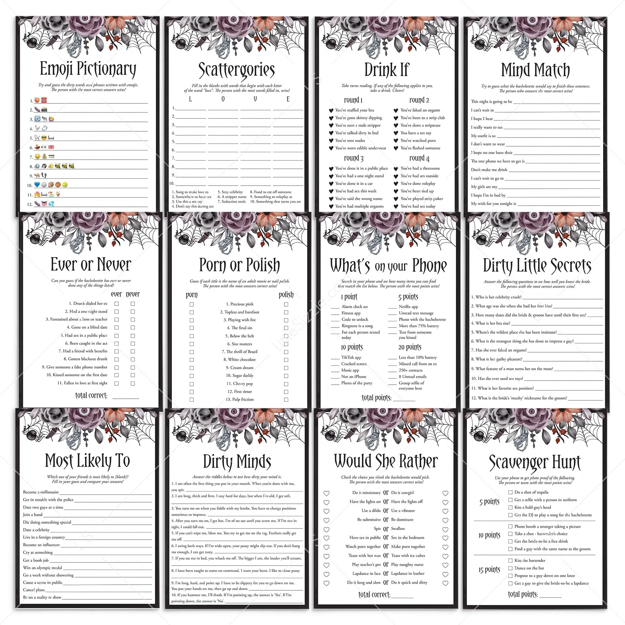 Halloween Bachelorette Party Games Bundle Black Purple Floral