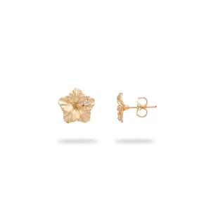 Hawaiian Gardens Hibiscus Earrings in Gold with Diamonds - 9.5mm