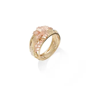 Hawaiian Gardens Hibiscus Ring in Tri Color Gold with Diamonds - 12mm