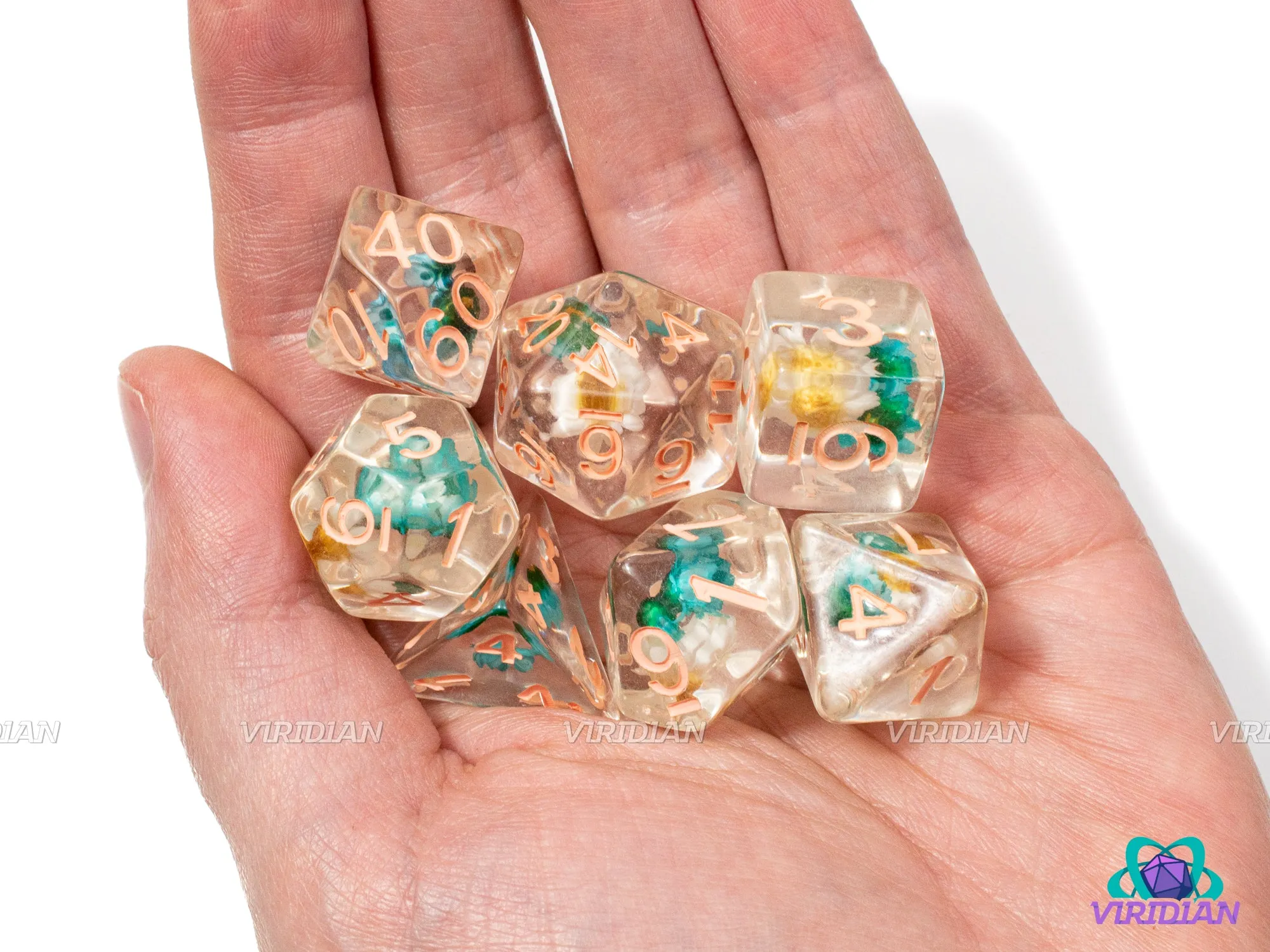 Luau | Blue and Yellow-White Flowers Inside, Clear, Peach Ink | Resin Dice Set (7)