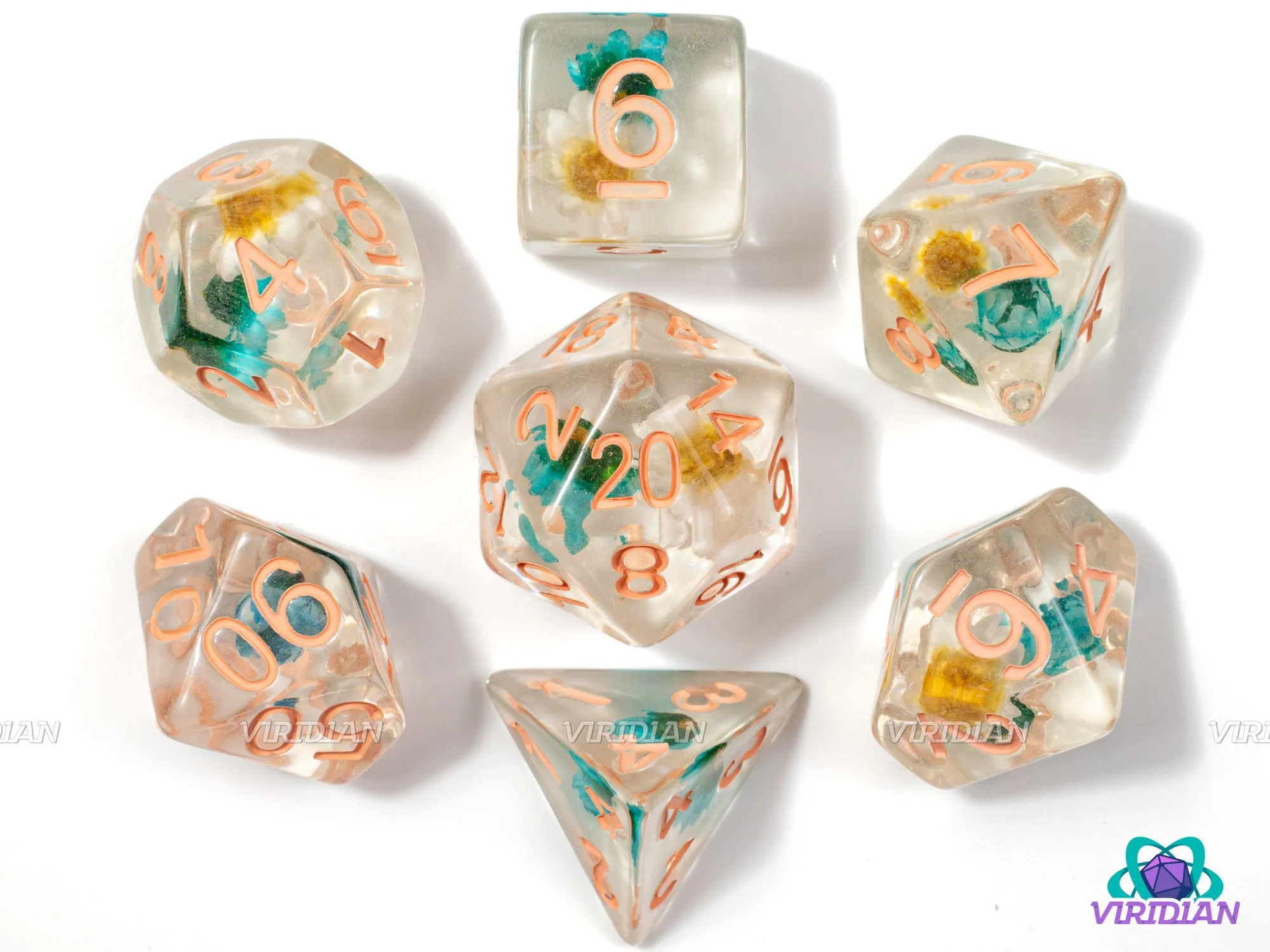 Luau | Blue and Yellow-White Flowers Inside, Clear, Peach Ink | Resin Dice Set (7)