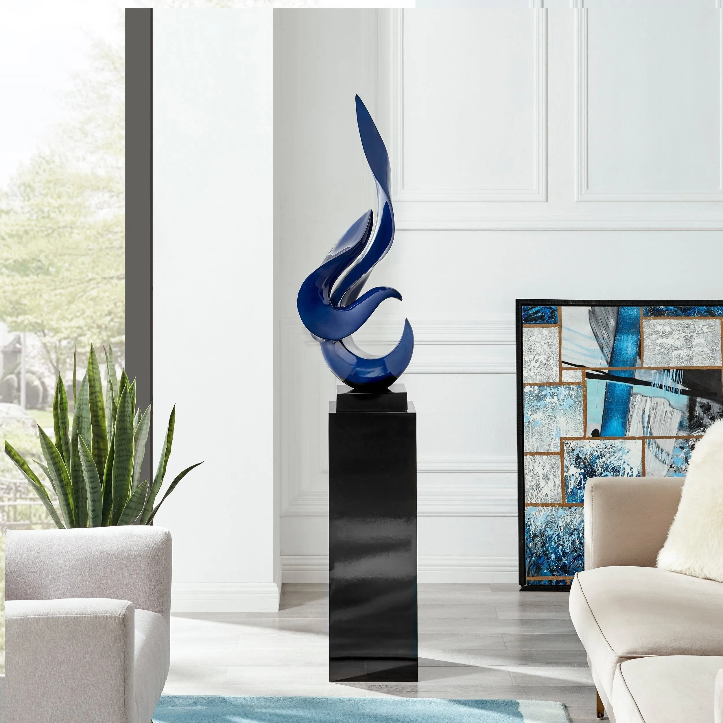 Navy Blue Flame Floor Sculpture With Black Stand, 65" Tall