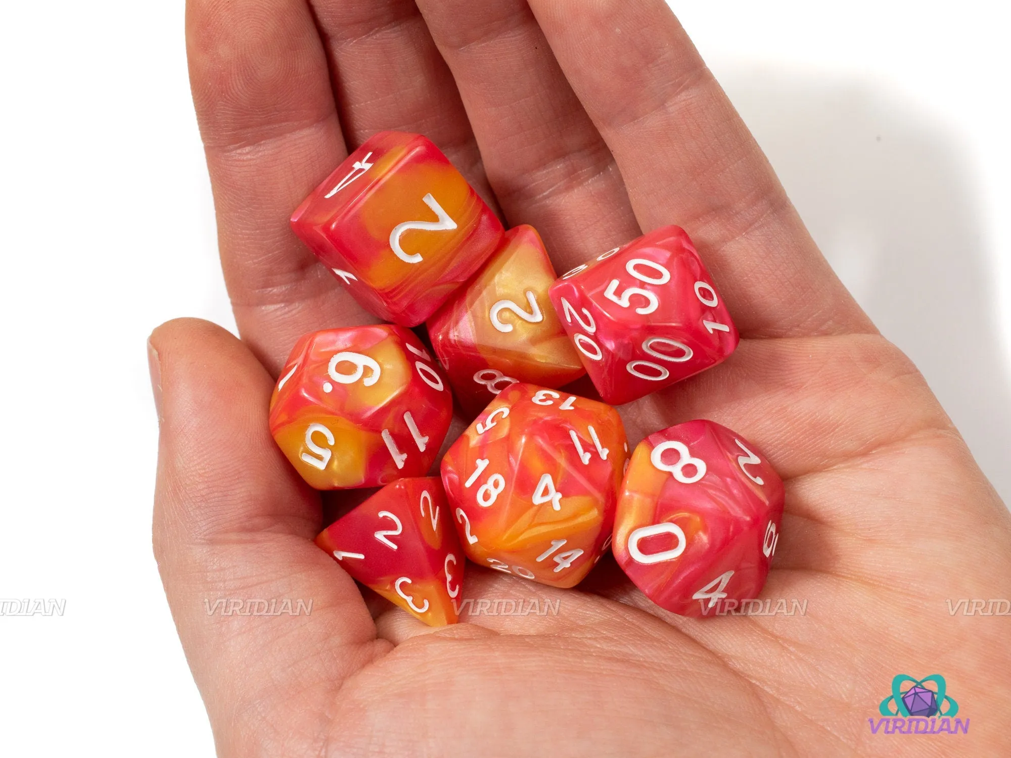 Orchards & Flowers | Red Orange Swirl Acrylic Dice Set (7) | Dungeons and Dragons (DnD) | Tabletop RPG Gaming