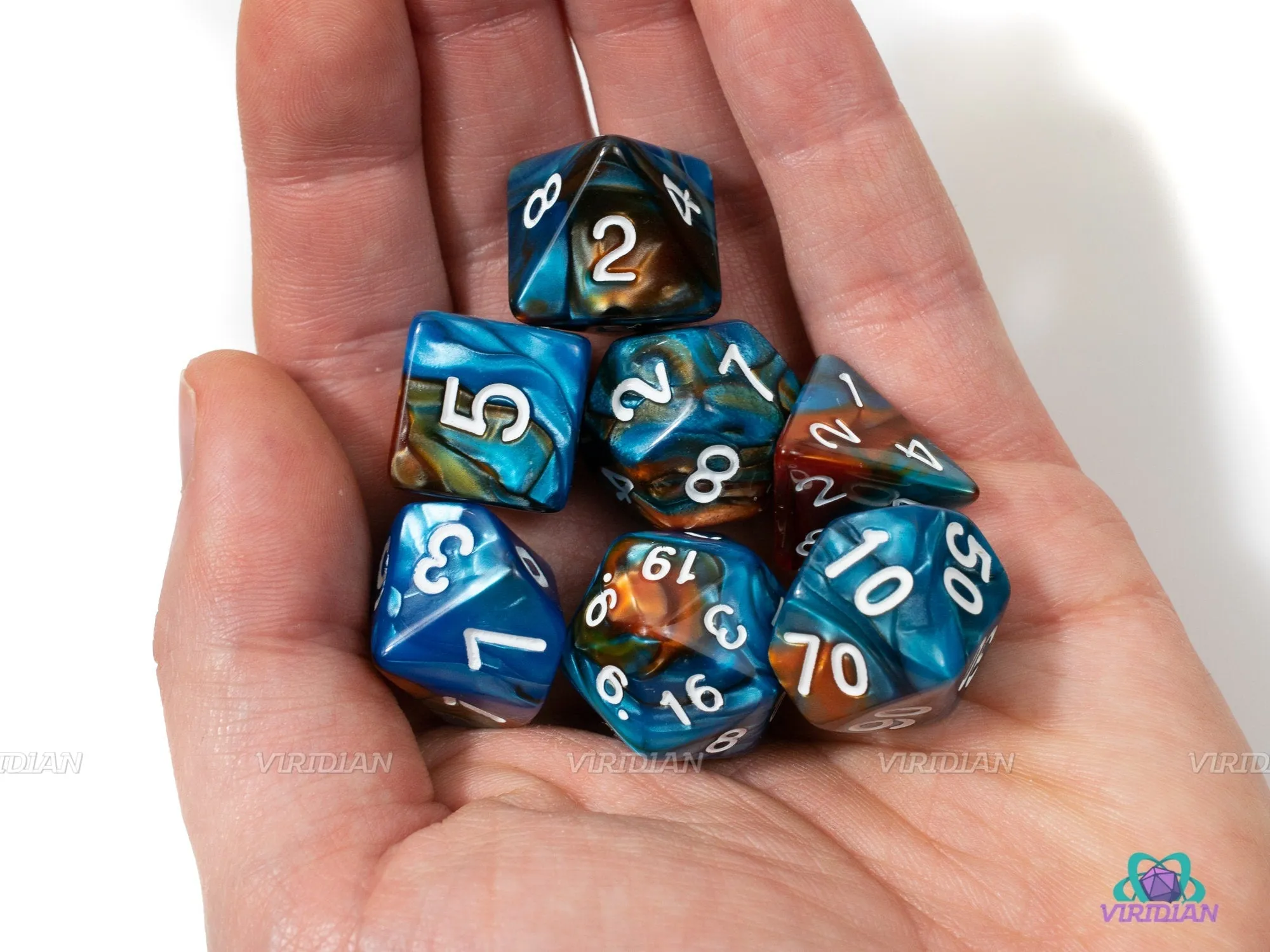 Sea Dragon | Orange & Blue Swirl Acrylic Dice Set (7) | Dungeons and Dragons (DnD)