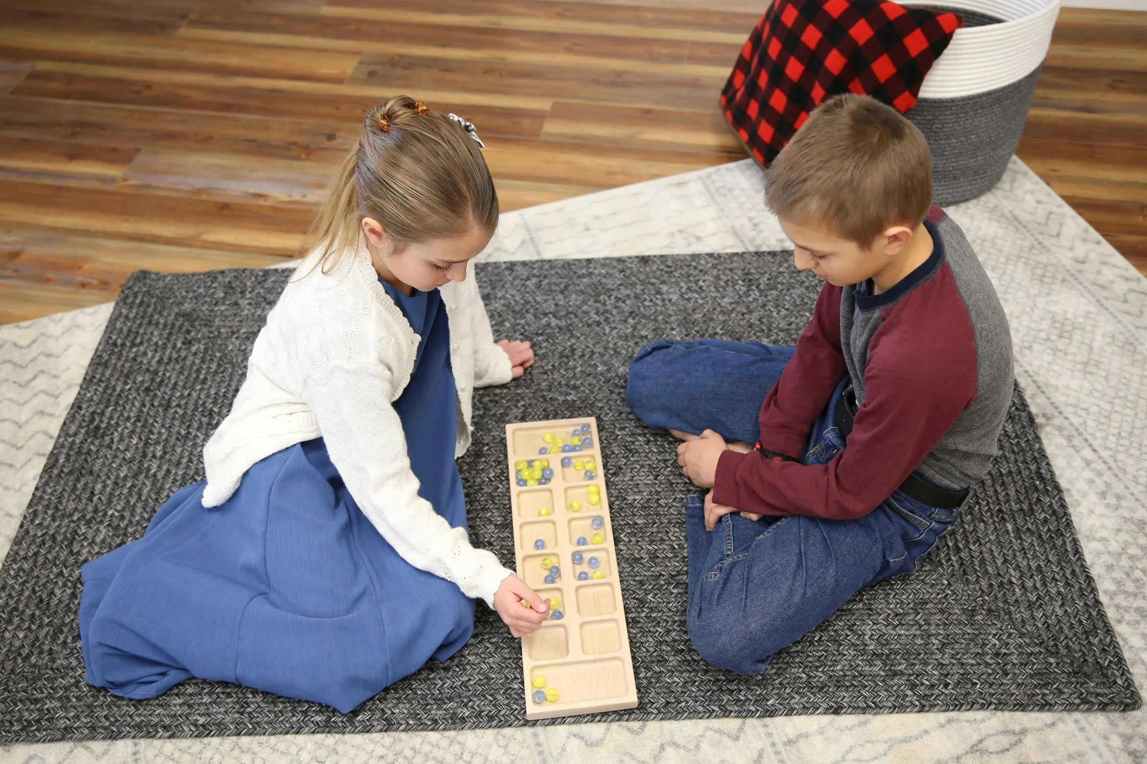 Solid Oak Wood Mancala Board Game Set With Marbles, Amish-Made