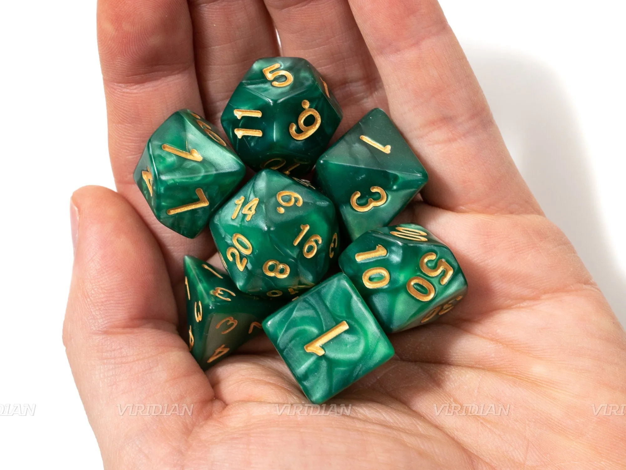 The Deep Wood  | Pearled Green Swirled Acrylic Dice Set (7) | Dungeons and Dragons (DnD)