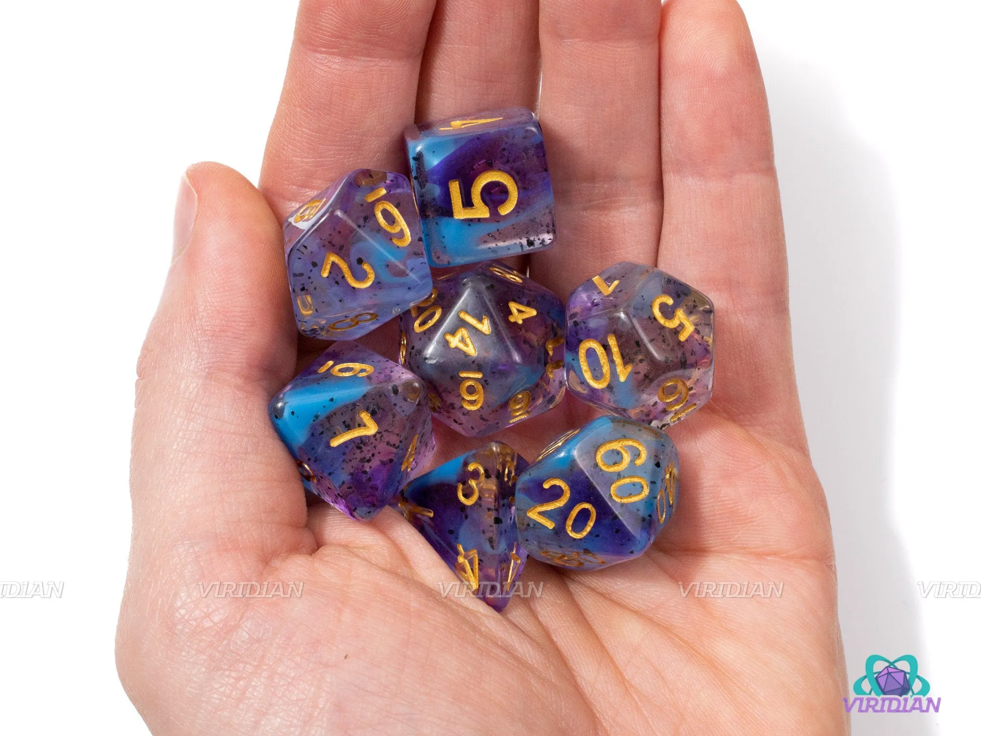 Violet Frost | Purple, Blue Translucent Speckled Acrylic Dice Set (7) | Dungeons and Dragons (DnD)